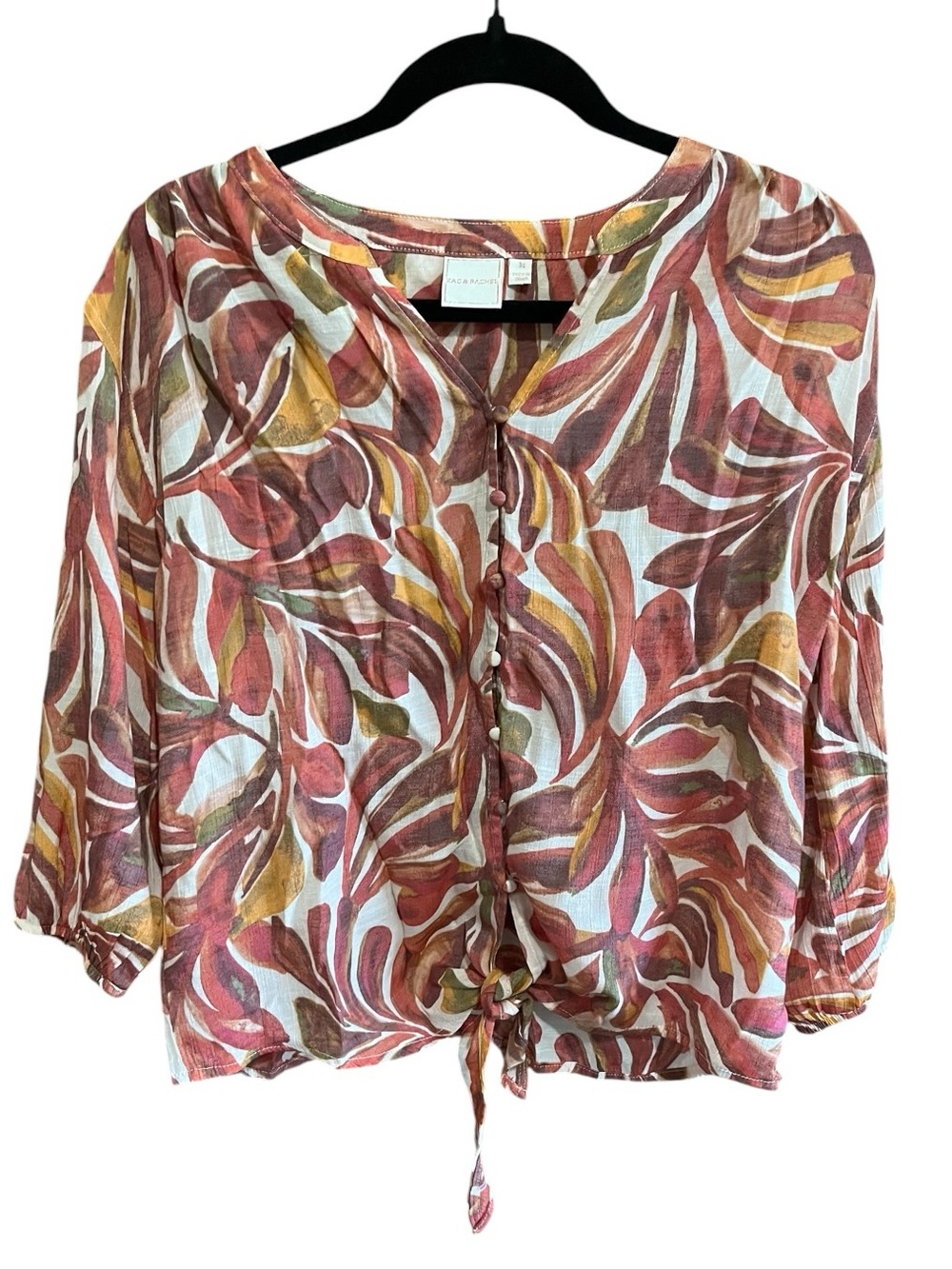 Medium Zac & Rachel Rust Multi Button-Front Tie-Hem Blouse